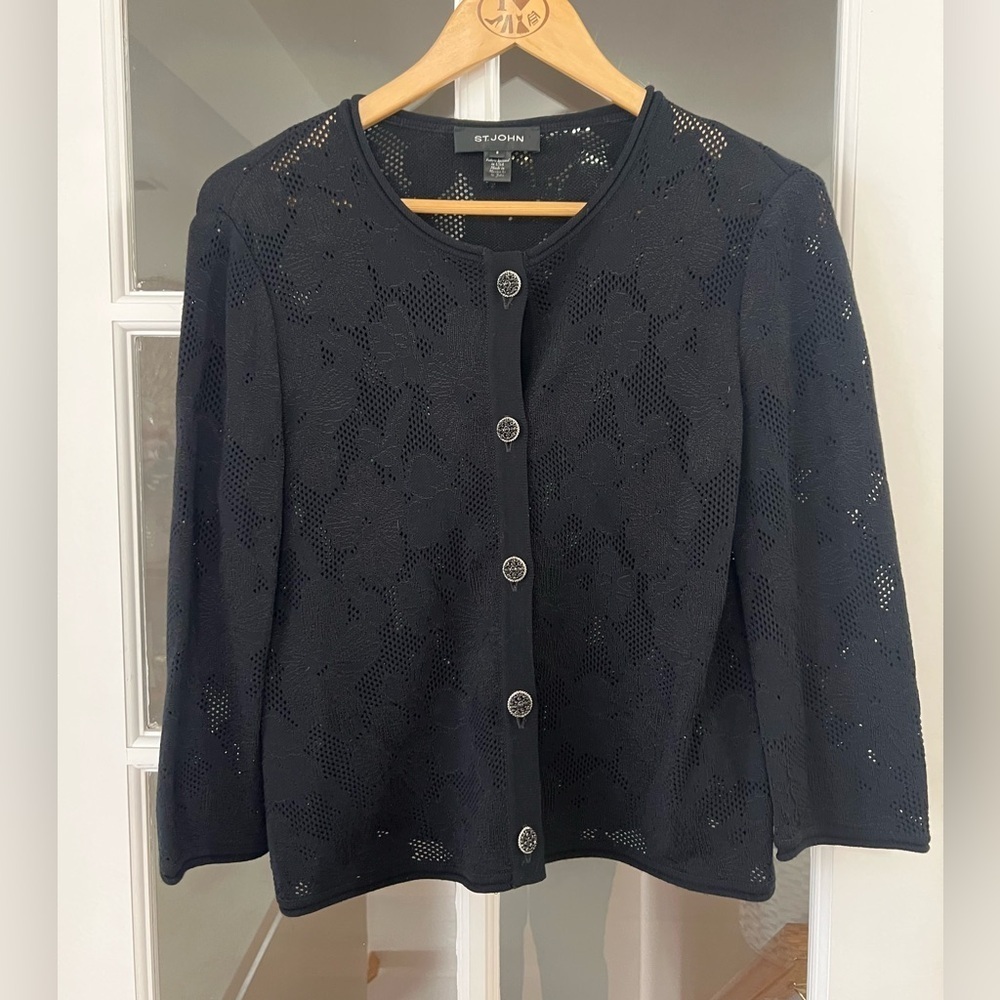 St. John Flower Open Knitted Pattern Cardigan - S… - image 1